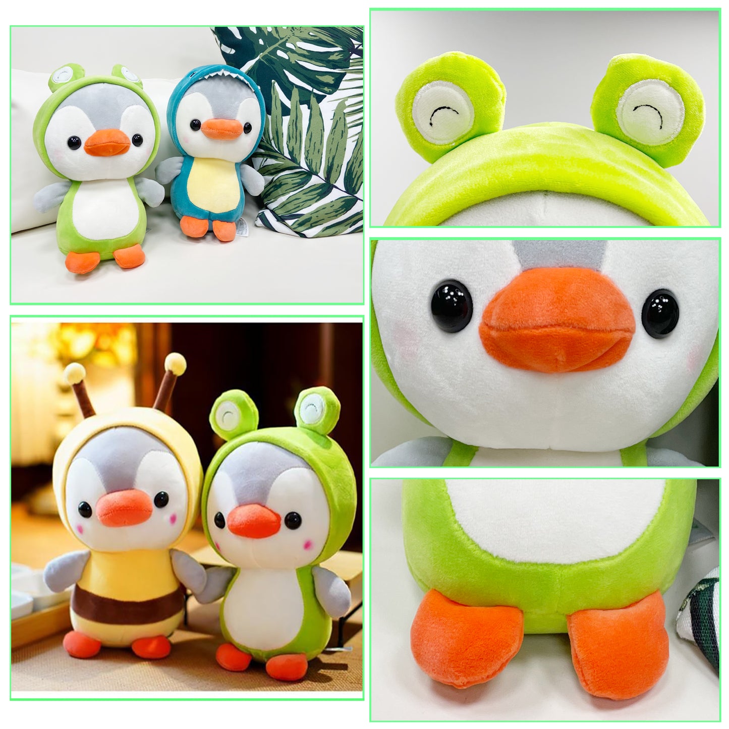 10‘’ Penguin-Frog Plush Kawaii Stuffed Animal, Animal Plush Toys Penguin Wearing Frog Costume Plushies, Cute Animal Doll Gift for Kids, Girls, Birthday, Valentines, Christmas