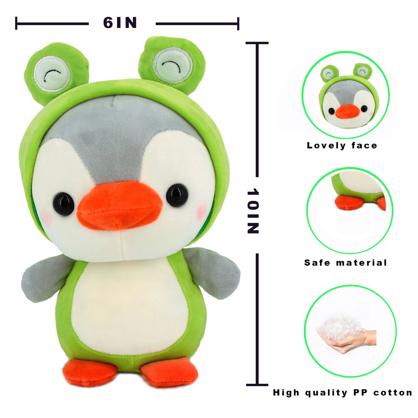 10‘’ Penguin-Frog Plush Kawaii Stuffed Animal, Animal Plush Toys Penguin Wearing Frog Costume Plushies, Cute Animal Doll Gift for Kids, Girls, Birthday, Valentines, Christmas